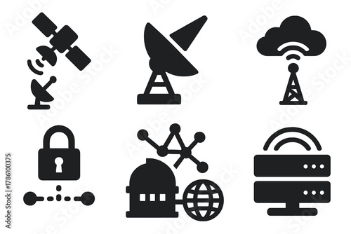 Data Transmission Icons. Solid style icons of data transmission networks: satellite to ground sync, telescope uplink beam, cloud