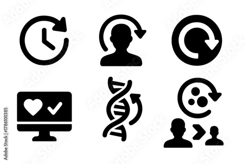 Age Reversal Icons. Solid style icons of age reversal trials: double arrow over clock icon, rejuvenation silhouette, time rewind
