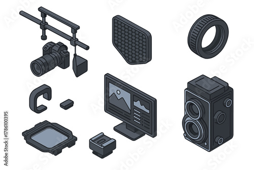 Camera Equipment Isometric. Isometric vector illustration set of Camera and Photography: studio rail system, light diffusion grid,