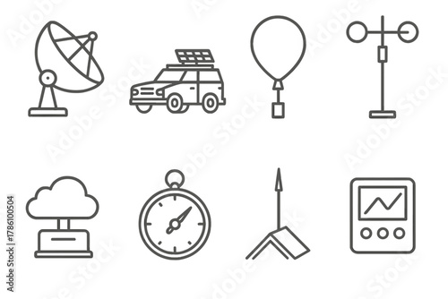 Weather Research Icons. Line style icons of Weather Research: Radar Dish, Storm Chaser, Weather Balloon, Anemometer, Cloud Sensor,