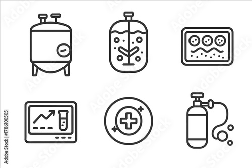 Precision Fermentation Icons. Line style icons of precision fermentation process: fermentation tank, bioreactor chamber, precision