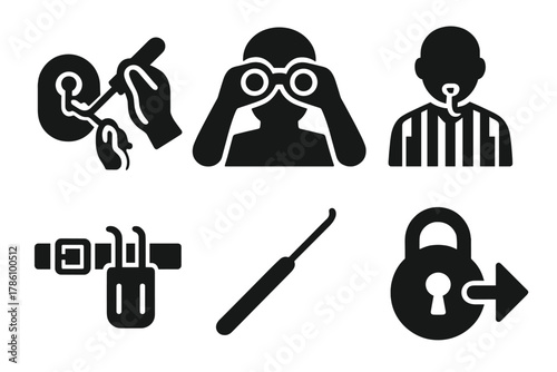 Competitive Lockpicking Icons. Line style icons of Competitive Lockpicking: fine motor skill icon, spectator binoculars, referee
