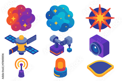 Space Exploration Icons. Isometric vector illustration set Space exploration – nebula exploration, gas cloud, starburst; probe