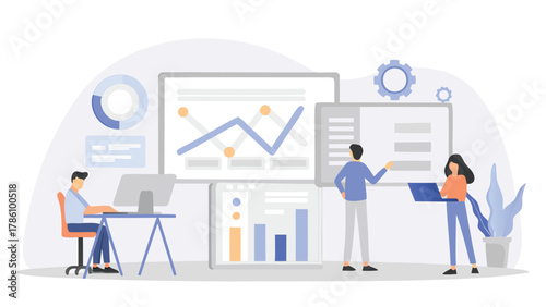 Business professionals collaborating and analyzing data on charts and graphs in a modern office setting with digital displays