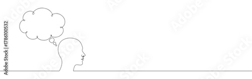 Continuous one line drawing of a human head with a thought bubble. Concept of thinking, ideas and communication