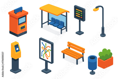 Public Transport Isometric Design. Isometric vector illustration set Public transportation – tram stop kiosk, seating shelter,