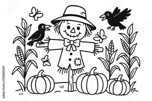 Playful Scarecrow Scene. Funny scarecrow in a cornfield with crows, pumpkins, and butterflies flying around, black and white line