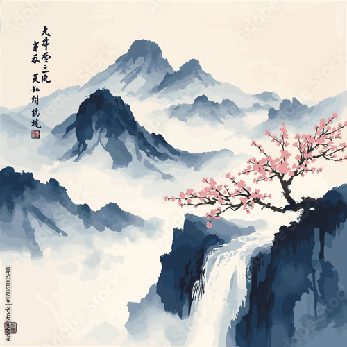 Minimalist blue ink landscape with misty mountains, waterfall, and sakura blossom. Traditional oriental ink painting sumi-e, u-sin, go-hua. Translation of hieroglyph - zen.