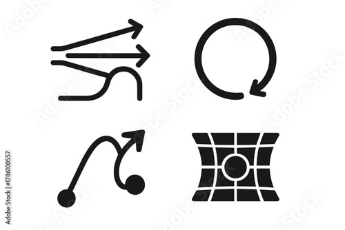 Photon Trajectory Icons. Solid style icons of photon trajectory simulation: light path map, predicted photon ring, gravity-bent