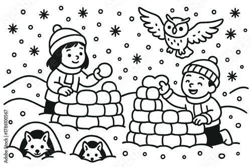 Winter Wonderland Activities. Happy snowstorm with children building snow forts, owls flying, and foxes peeking from burrows,