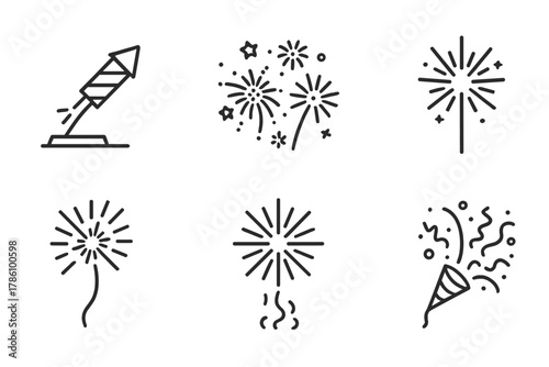 Fireworks Icon Collection. Line style icons of Fireworks Display: Launch Tube, Night Sky, Sparkler, Star Burst, Firework Shell,