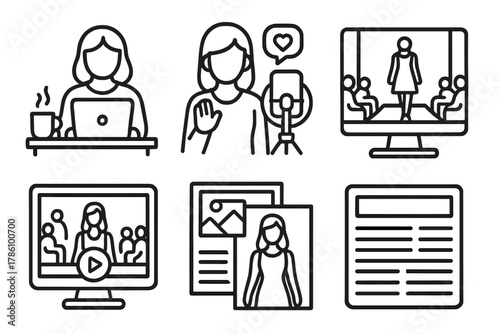 Fashion Show Media Icons. Line style icons of fashion show media coverage: fashion blogger at desk, influencer livestream setup,