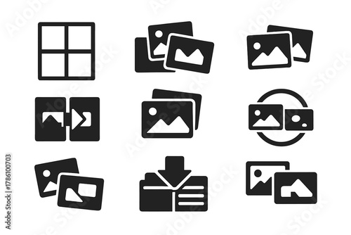 Image Stitching Icons. Solid style icons of image stitching and synthesis: patch grid panel, multi-source frame, combined photo