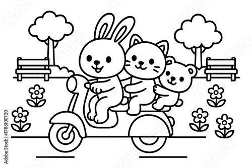 Scooter Animal Adventure. A playful scooter with animal passengers riding through a park with flowers and benches, black and white