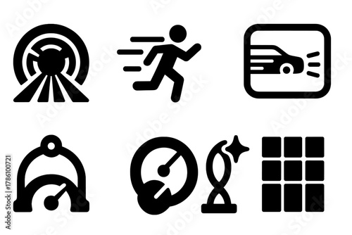 Light-Speed Illusion Icons. Solid style icons of light-speed perception art: beam tunnel illusion, time lag track, motion-delay
