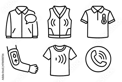 Accessible Techwear Icons. Line style icons of accessible techwear: speech-assisted collar, haptic feedback vest, temperature