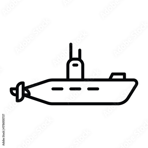 Outline of a submarine featuring a conning tower with antennae a curved hull and a propeller isolated on a white background