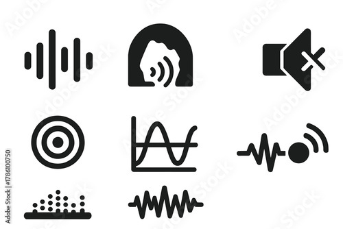 Sound Icons Collection. Solid style icons of sound and echo effects: soundwave glyph, cave reverb icon, silence badge. Echo ring,