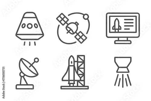 Space Mission Icons. Line style icons of space missions and technology: crew capsule icon, satellite orbit model, ground control