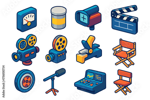 Film Equipment Icons. Isometric vector illustration set Analog Film: exposure meter needle, sealed metal film canister, director’s