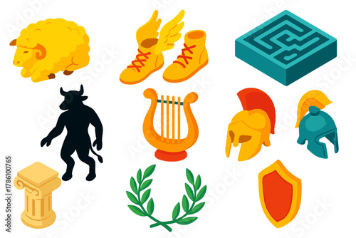 Mythic Icons Set. Isometric vector illustration set Mythology and folklore – golden fleece, winged sandals, labyrinth maze;