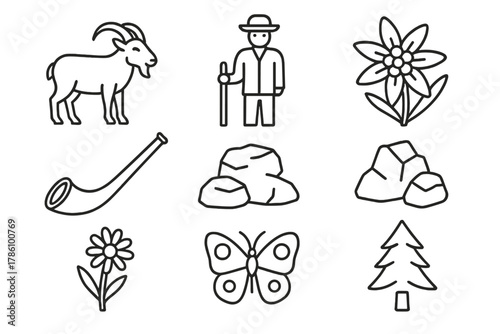Alpine Meadow Icons. Line style icons of Alpine Meadow: Mountain Goat, Shepherd, Edelweiss, Alpine Horn, Rock Outcrop, Butterfly,