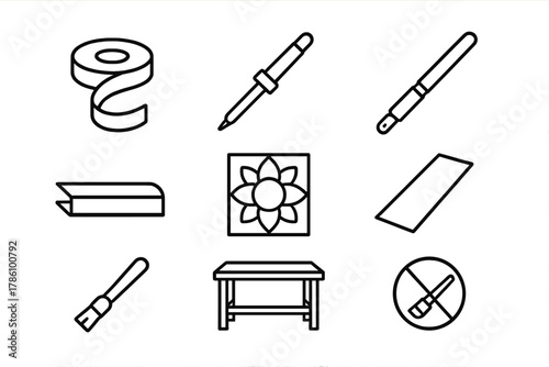Stained Glass Tools Icons. Line style icons of Stained Glass Workshop: Copper Foil, Soldering Iron, Glass Cutter, Lead Channel,