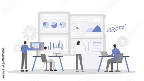 Diverse team of professionals collaborating in a modern office analyzing data charts and graphs on large screens