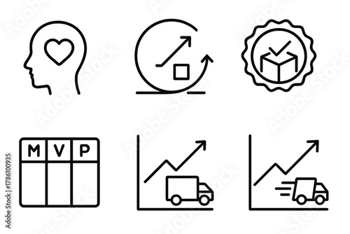 Value Delivery Icons. Line style icons of value delivery focus: customer value icon, deliver increment symbol, usable product