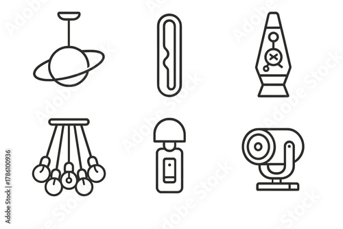 Line Style Lighting Icons. Line style icons of lighting mods: orbiting ceiling lamp, neon wall strip, lava lamp with AI core, bulb