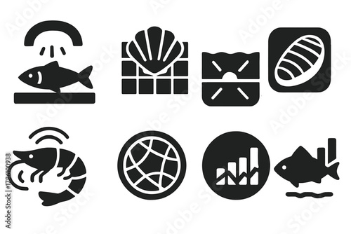 Seafood Spectral Icons. Solid style icons of seafood spectral mapping: fish freshness scanner, shellfish profile grid, waterline