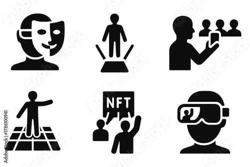 Augmented Reality Icons. Solid style icons of augmented reality performances: AR mask overlay, holographic performer, virtual