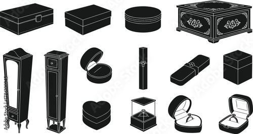 Jewelry box silhouette set, black and white vector icons, ring cases, ornate packaging, heart-shaped, square, round, tall cabinet designs