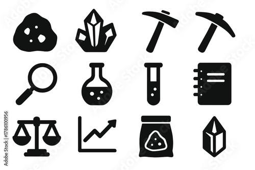 Ore Analysis Icons. Solid style icons of ore and raw material analysis: rock ore, mineral, hammer, pickaxe, magnifying glass,