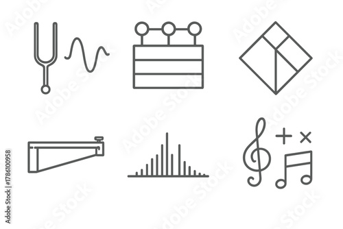 Harmonics Icons Ensemble. Line style icons of Historical Foundations of Harmonics: tuning fork with sine curve, ancient scale