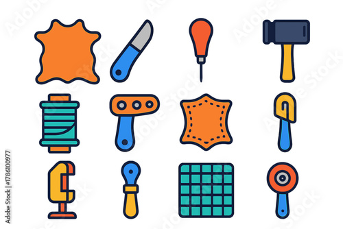 Leatherworking Tools Icons. Flat vector icons of leatherworking basics: cowhide, cutting knife, stitching awl, mallet, thread