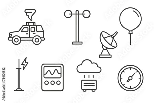 Weather Research Icons. Line style icons of Weather Research: Storm Chaser, Anemometer, Radar Dish, Weather Balloon, Lightning Rod