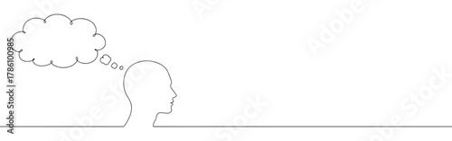 Continuous one line drawing of a human head with a thought bubble. Concept of thinking, ideas and communication