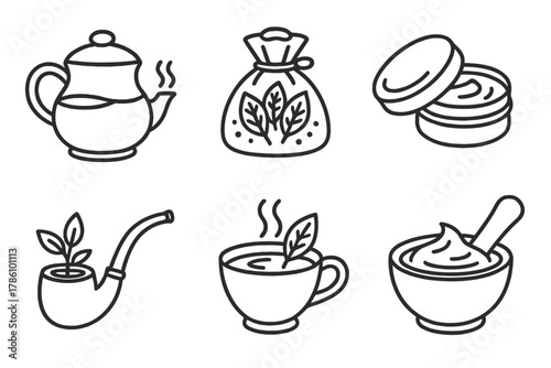 Herbal Medicine Icons. Line style icons of plant-based traditional medicine: decoction pot, dried herb pouch, salve tin, smoke
