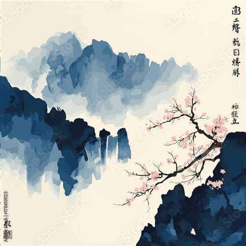 Minimalist blue ink landscape with misty mountains, waterfall, and sakura blossom. Traditional oriental ink painting sumi-e, u-sin, go-hua. Translation of hieroglyph - zen.