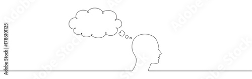 Continuous one line drawing of a human head with a thought bubble. Concept of thinking, ideas and communication