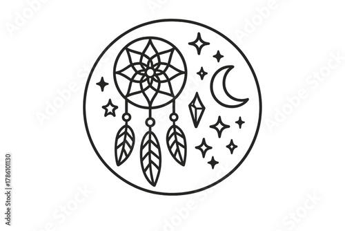Enchanted Dreamcatcher Icons. Line style icons of Enchanted Dreamcatcher: Web, Stars, Feathers, Beads, Crystal, Moonlight, Sparkle