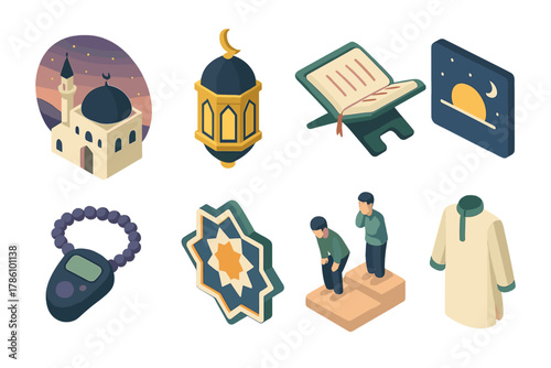 Islamic Isometric Elements. Isometric vector illustration set of Islamic: evening sky mosque, night dome lantern, Quran bookmark