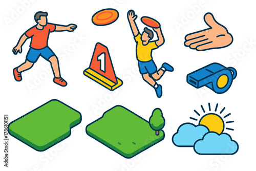 Park Frisbee Fun. Isometric vector illustration set Park activities – frisbee throw, jumping catch pose, spinning disc;