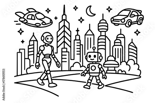 Futuristic Cityscape Coloring. Futuristic city with flying cars, robot citizens, and tall buildings reaching the stars, black and