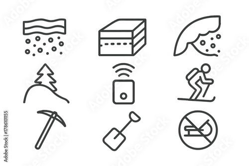 Winter Avalanche Icons. Line style icons of Winter Avalanche: Frost Layer, Snowpack, Cornice, Buried Tree, Rescue Beacon, Skier,