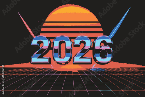Retro futuristic 2025 digital typography with vibrant neon sunset and grid landscape in a synthwave aesthetic
