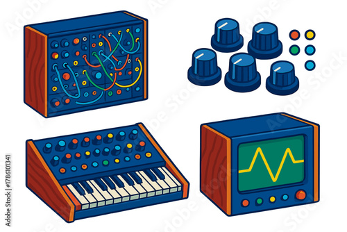 Analog Synthesizer Collection. Isometric vector illustration set Analog Synthesizers: modular rack, keyboard synthesizer, control