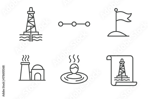 Geothermal Development Icons. Line style icons of geothermal history and development: historical drilling rig, geothermal timeline