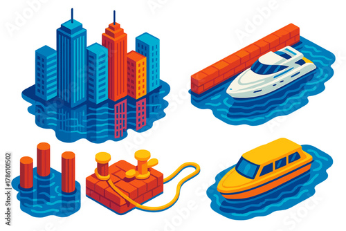 Urban Skyline Reflections. Isometric vector illustration set Skyscraper silhouettes – waterfront skyline, quay wall, docked yacht;